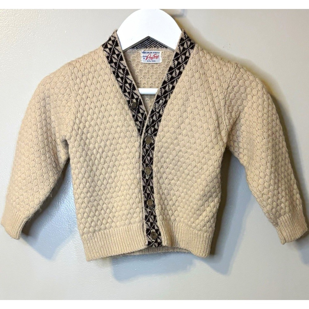 Vintage Roy Togs Boys 12-18M Beige Black Knit Cardigan Sweater Fair Isle Button